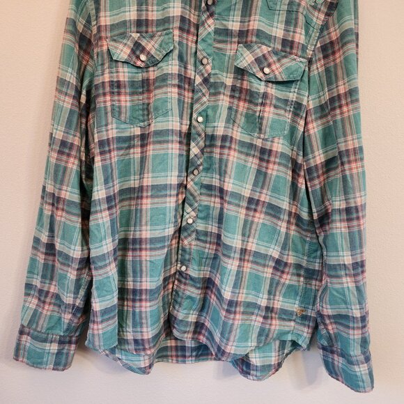 Vtg GUESS Pearl Snap Western Button Up Long Green Plaid Embroidered Men Xl - Picture 6 of 16